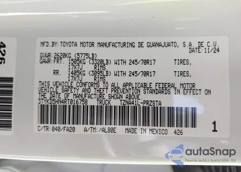 2024 Toyota Tacoma Sr 2Wd из США, поврежденный, VIN 3TYKD5HN4RT016758